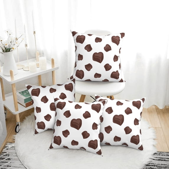 Throw Pillow Covers Set of 4 Heart Shape Chocolate Print Soft Decorative Pillowcase for Couch Living Room Bed Sofa, Square Pillow Covers Pillow Protector with Zipper, Home Decor 18"x18"