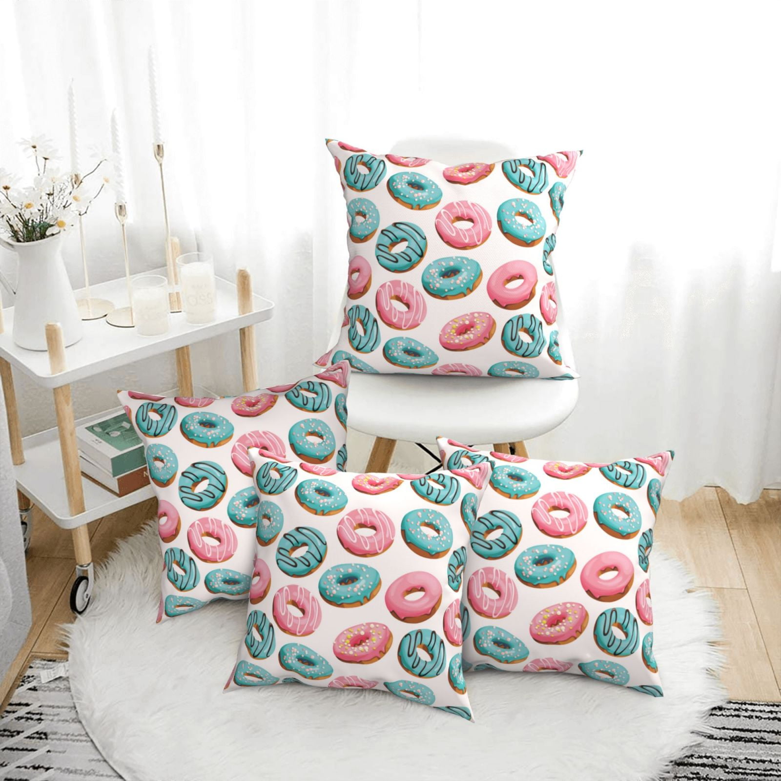 Throw Pillow Covers Set of 4 Pink Blue Donut Print Decorative