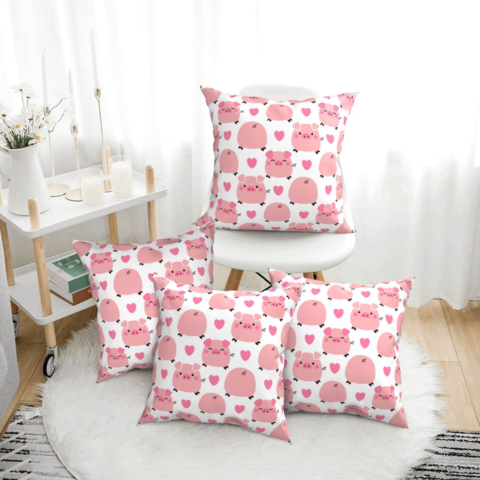 Throw Pillow Covers Set of 4 Pink Cartoon Cute Pig Heart Decorative