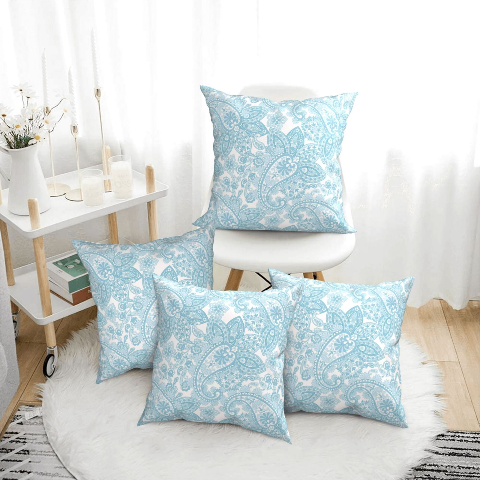 Throw Pillow Covers Set of 4 White Light Blue Paisley Decorative