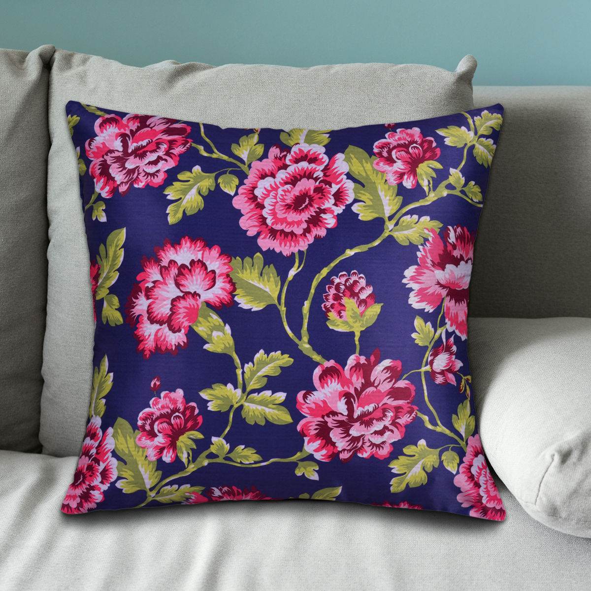 Throw Pillow Covers Set of 1 for Living Room Table, Floral Printed Cushion Case, 20x20 inches - Dark Blue - Home Decor - image 1 of 7