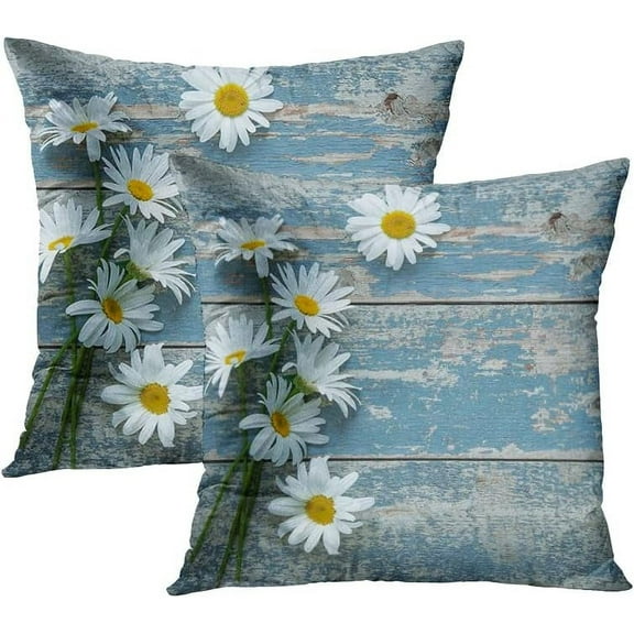 Throw Pillow Covers Set of 2, Daisy Flowers on Blue Old Wooden Home Decorative Pillowcases Cushion Case Covers for Couch Bed Sofa 18x18 Inch