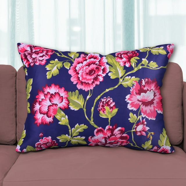 Throw Pillow Covers Set of 4 for Living Room Table, Floral Printed Cushion Case, 14x20 inches - Dark Blue - Home Decor