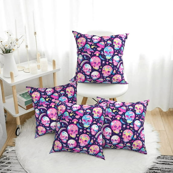 Throw Pillow Covers, Skull mushroom colorful cute Soft Square Pillow Cases with Invisible Zipper for Couch Bed Sofa, Farmhouse Fall Home Decor 12"x12"