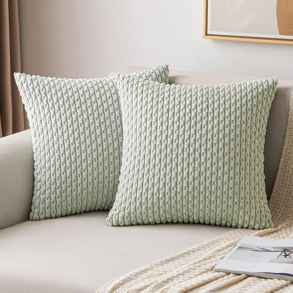 Throw Pillow Covers Soft Corduroy Decorative Set of 2 Boho Striped Pillow Covers Pillowcases Farmhouse Home Decor for Couch Bed Sofa Living Room Spring 20x20 Inch Light Green