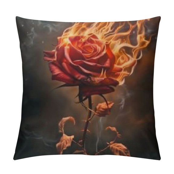 Throw Pillow Covers Square Cushion Case Red Flowers Burning Decorative Farmhouse Pillowcases for Couch Sofa Bedroom Living Room Car Decor Throw Pillows