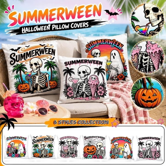 Throw Pillow Covers, Summer Decorations for Home, Halloween Decorations Indoor, Skeleton Pillow, 18X18 Inch Double-Sided Linen Spooky Ghost Jack O Lantern Pattern Pillow Sham for