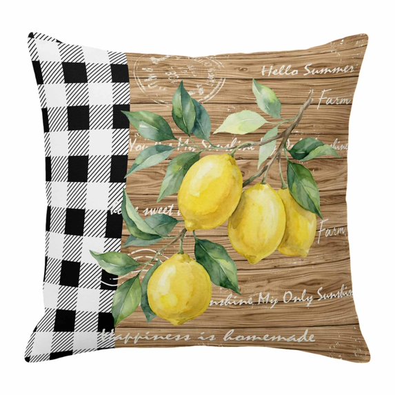 Throw Pillow Covers, Summer Lemons Decorative Throw Pillow Covers 20x20 Inch, Botanical Fruit Branch Check Wooden Grain Square Linen Pillow Cases for Couch/Living Room/Sofa