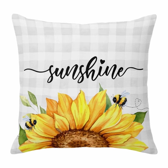 Throw Pillow Covers, Sunflowers Bees Decorative Throw Pillow Covers 18x18 Inch, Grey Check Sunshine Watercolor Floral Square Linen Pillow Cases for Couch/Living Room/Sofa