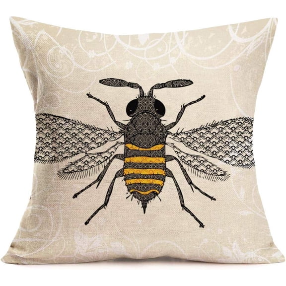 Throw Pillow Covers Vintage Bees Cotton Linen Square Throw Pillow Case Cushion Covers Home Sofa Couch Decor Pillowcase 18" x 18" (Bee)