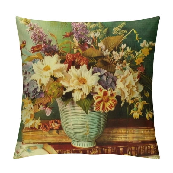 Throw Pillow Covers Vintage Vase Lavender Hyacinth Daisy Flowers Plants Decorative Pillow Covers Cotton Linen Square Rustic Throw Pillowcase Cushion Cover