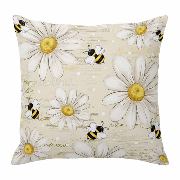 Throw Pillow Covers, White Daisy Farmhouse 16x16 Pillow Covers for Couch/Sofa/Bed, Garden Floral Honeybees Vintage Decorative Square Linen Cushion Pillowcase for Home Decor