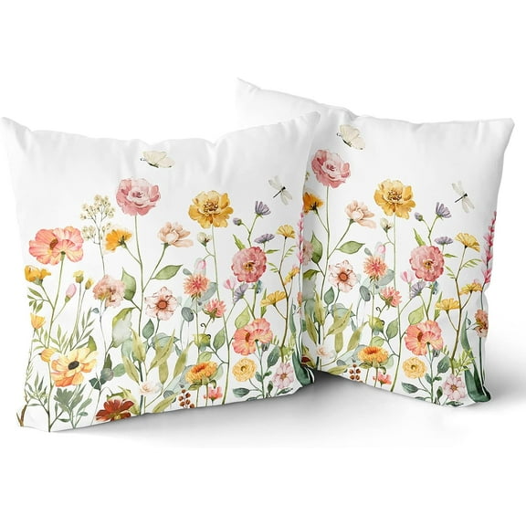 Throw Pillow Covers Wild Flowers - Botanical Spring Floral Butterfly Colorful Decorative Pillow Case for Sofa Couch Bedroom Living Room Car Home Decor 18x18 Inches Summer Pillowcase Set of 2