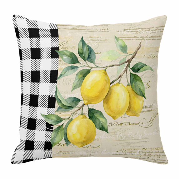 Throw Pillow Covers, Yellow Lemons Decorative Throw Pillow Covers 20x20 Inch, Summer Botanical Fruit Buffalo Lattice Square Linen Pillow Cases for Couch/Living Room/Sofa