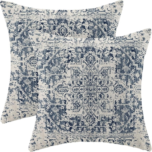 Boho Pillow Covers 18x18 Set of 2, Ethnic Design Decorative Throw Pillows Linen Blue Carpet Pattern Farmhouse Cushion Pillow Covers for Sofa Couch Outdoor