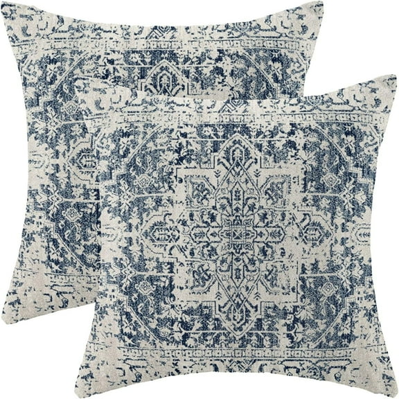 Boho Pillow Covers 18x18 Set of 2, Ethnic Design Decorative Throw Pillows Linen Blue Carpet Pattern Farmhouse Cushion Pillow Covers for Sofa Couch Outdoor