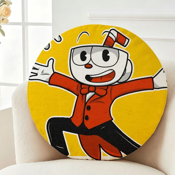 Throw Pillow Cuphead Plush Decor Gift Decorative Fluffy Stuffy Round Birthday 13.8in