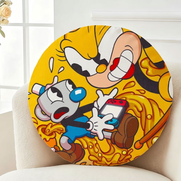 Throw Pillow Cuphead Plush Decor Gift Decorative Fluffy Stuffy Round Birthday 13.8in
