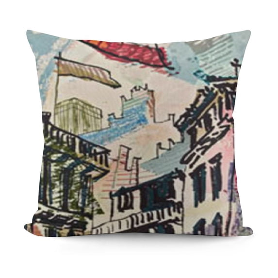 Throw Pillow Cushion Cover, Hand Drawn Building of Durbar Mountains and Buildings in Tourist Attraction, Decorative Square Accent Pillow Case,Multicolor