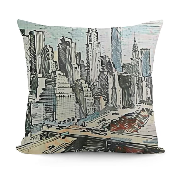 Throw Pillow Cushion Cover, Hand Drawn NYC Cityscape Tourism Travel Industrial Center Town Modern City Design, Decorative Square Accent Pillow Case, Black White