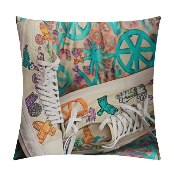 Throw Pillow Decor Square Seamless Pattern Colorful Hippie Peace Symbol Guitar Decorative Cushion Cover Printed Pillowcase Cover Home Sofa Living Room