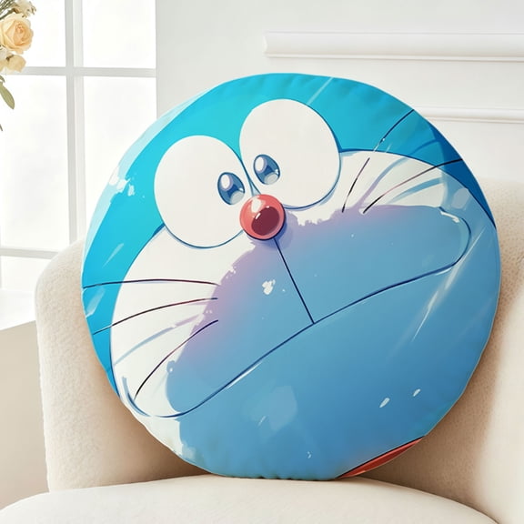 Throw Pillow Doraemon Plush Decor Gift Decorative Fluffy Stuffy Round Birthday 13.8in
