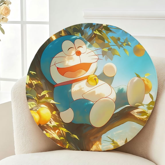 Throw Pillow Doraemon Plush Decor Gift Decorative Fluffy Stuffy Round Birthday 13.8in