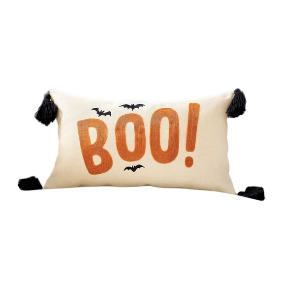 Throw Pillow Embroidered Boo Decor with Bat Motif for Halloween Decor Holiday Decor Cream Tasseled Decorative Pillow for Party