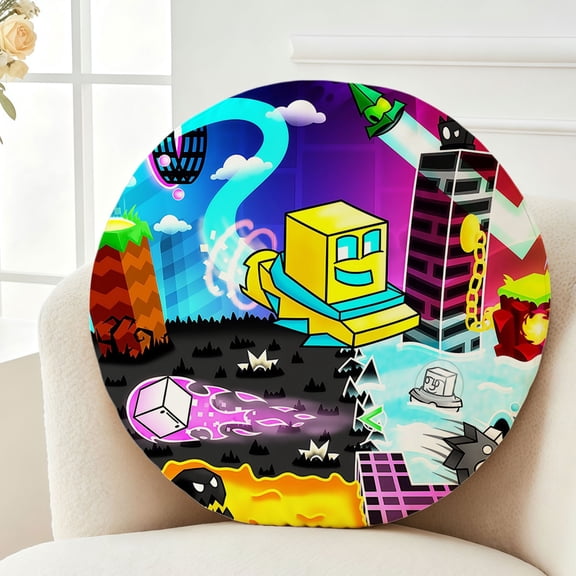 Throw Pillow Geometry Dash Plush Decor Gift Decorative Fluffy Stuffy Round Birthday 13.8in