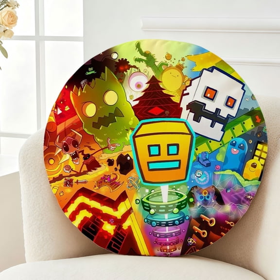 Throw Pillow Geometry Dash Plush Decor Gift Decorative Fluffy Stuffy Round Birthday 13.8in