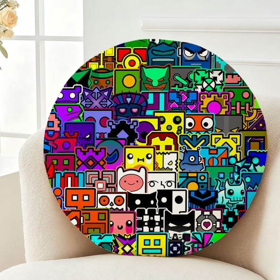 Throw Pillow Geometry Dash Plush Decor Gift Decorative Fluffy Stuffy Round Birthday 13.8in
