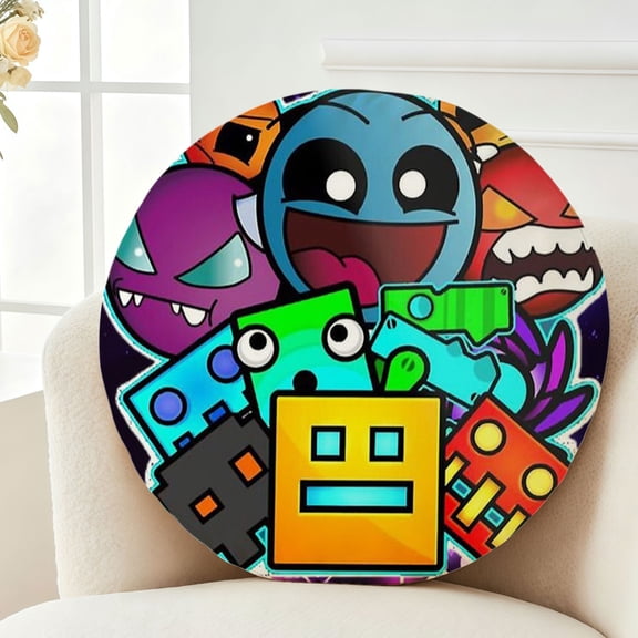 Throw Pillow Geometry Dash Plush Decor Gift Decorative Fluffy Stuffy Round Birthday 13.8in