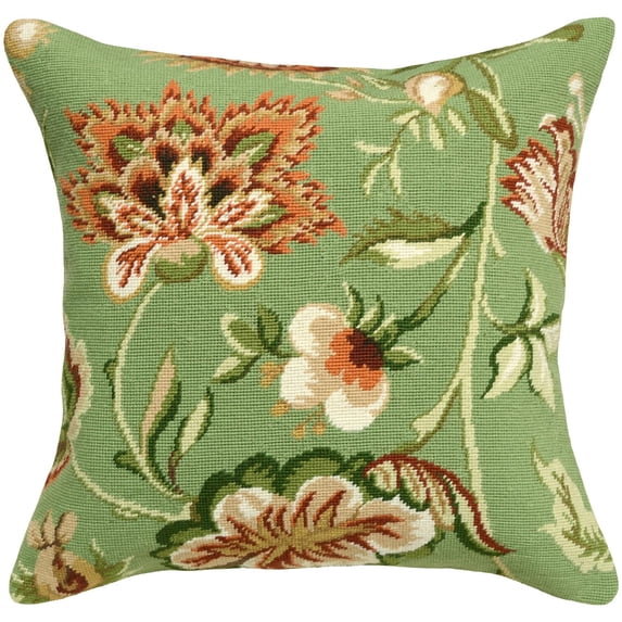 Throw Pillow Jacobean Floral Flowers 20x20 Green Wool Yarns Polyrayon Ins JK-155