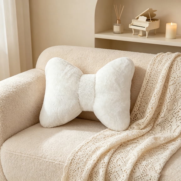 Throw Pillow, Lumbar Support Pillow, Bowknot Decor, Soft Plush, Sofa Cushion, Bed Rest Pillow, Home Decor, Hand Washable