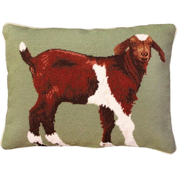 Throw Pillow Needlepoint Billy Goat Standing Right 16x20 Sage Green Wool MH-280