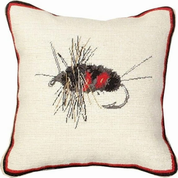 Throw Pillow Needlepoint Creek Fishing Fly 12x12 Antique White Brass