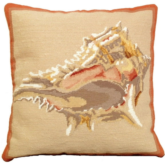 Throw Pillow Needlepoint Murex Shell 18x18 Wool Cotton Velvet Back Handmade