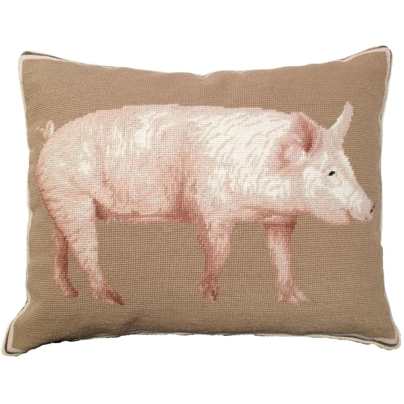 Throw Pillow Needlepoint Pig American Yorkshire Dog 16x20 Taupe Beige 100% MH-54