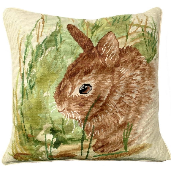 Throw Pillow Needlepoint Rabbit 18x18 Wool Cotton Velvet Back Handmade