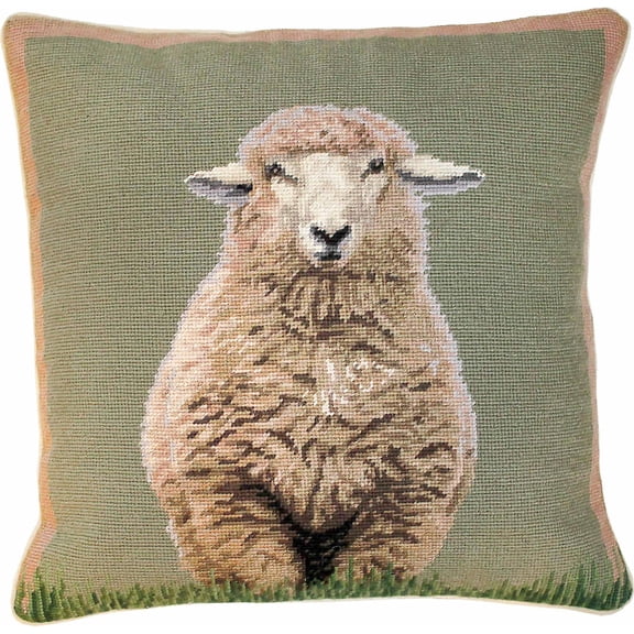 Throw Pillow Needlepoint Standing Sheep Right 18x18 Sage Cotton Velvet Wool
