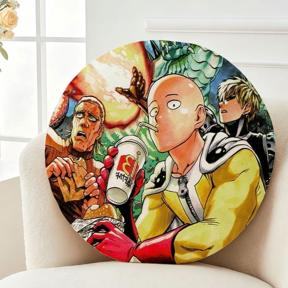 Throw Pillow One-Punch Man Plush Decor Gift Decorative Fluffy Stuffy Round Birthday 13.8in