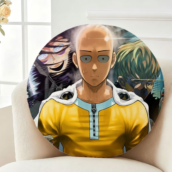 Throw Pillow One-Punch Man Plush Decor Gift Decorative Fluffy Stuffy Round Birthday 13.8in