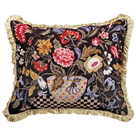Throw Pillow Orvieto Petit Point Flowers Floral 16x20 Blue Gold Taupe Red MH-274