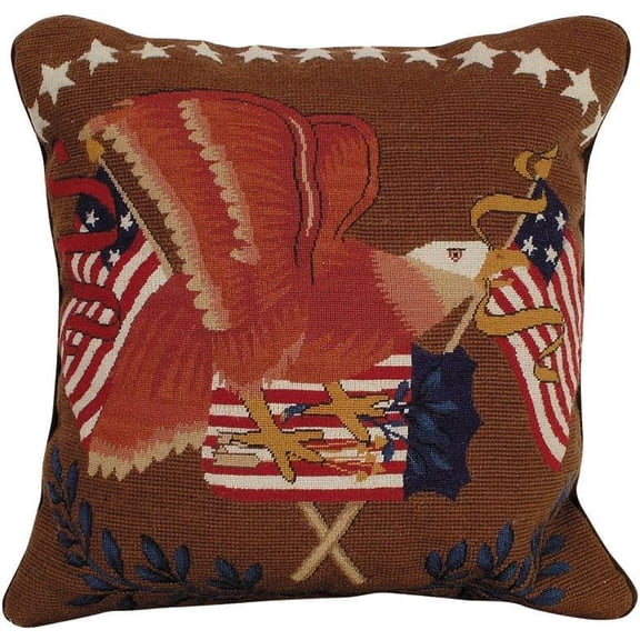 Throw Pillow Petit Point Eagle with Flag Bird 16x16 Red White Gold Taupe Beige