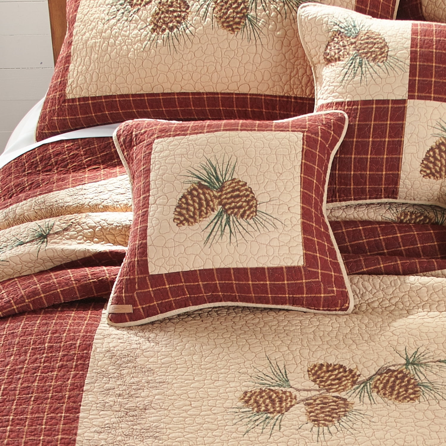 Rustic Pine Cone Embroidered Cotton Square Pillow