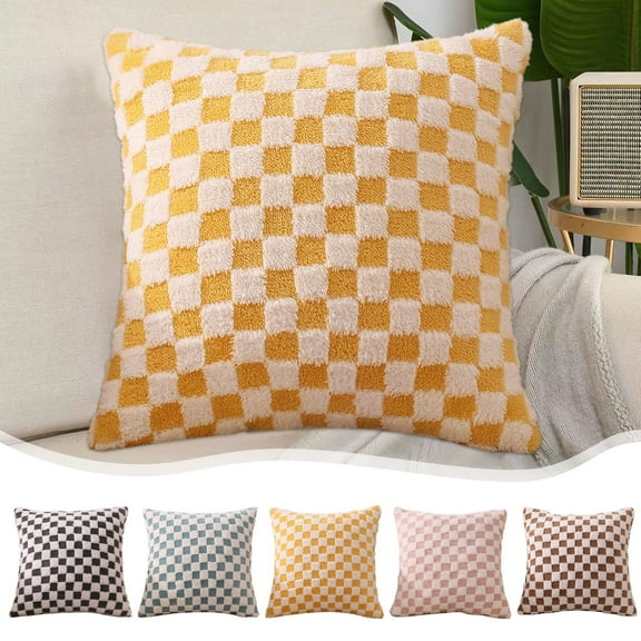 Throw Pillow Plushs Pillow Country Style Checkered Plush Sofa Cushion Soft Cotton Linen Cushion in Multi-Colors for Sofa,Bedroom,Living Room,Car 17.71x17.71 Inches