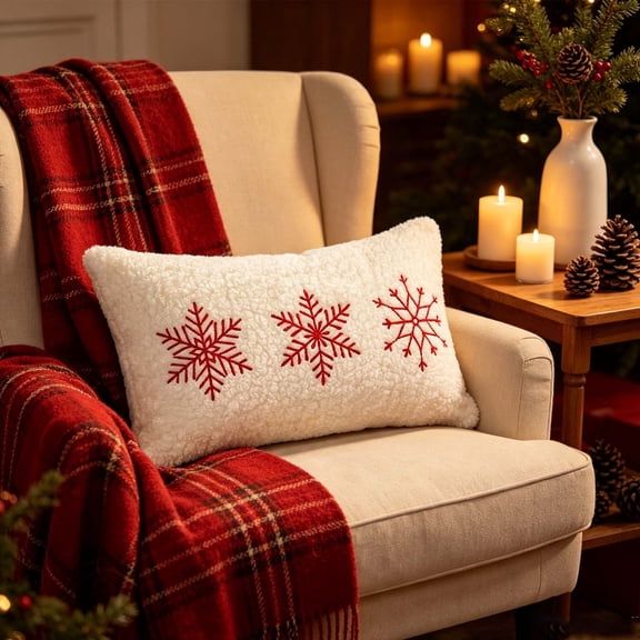 Throw Pillow Snowflake Embroidered Rectangular Cushion For Holiday Lounge Decoration