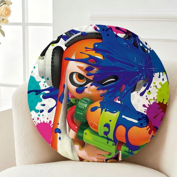 Throw Pillow Splatoon Plush Decor Gift Decorative Fluffy Stuffy Round Birthday 13.8in