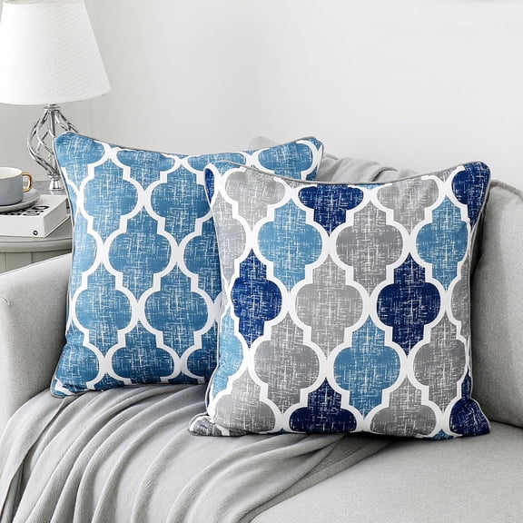 Throw Pillowcover Soft Chenille Print Moroccan Geometric 2-Sided Pattern Blue and Gray Decorative Velvet Square Cushion Covers Standard Pillowcase Couch Sofa Bed Men/Women 18x18 Inch, Set of 2