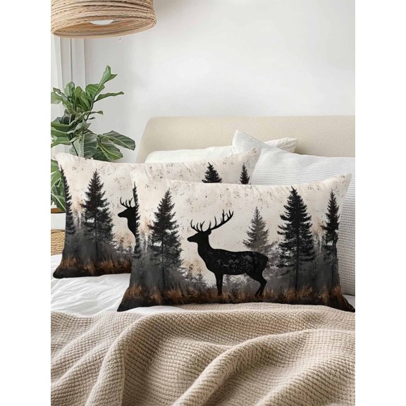 Throw Pillows 12x20 Set of 2, Forest Elk Waterprrof Outdoor Pillow Covers with Insert, Rustic Nature Tree Retro Deer Silhouette Decorative Pillowcase Cushion for Couch, Bed, Patio, Garden